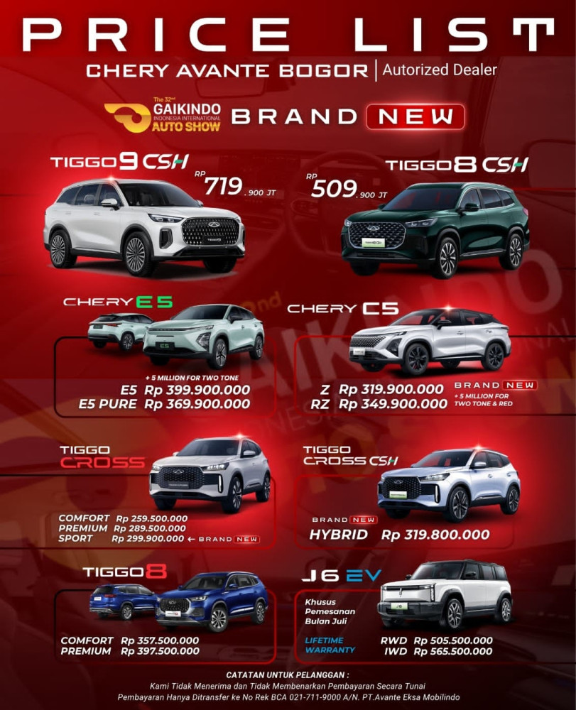 Pricelist Harga Chery slipi 2025